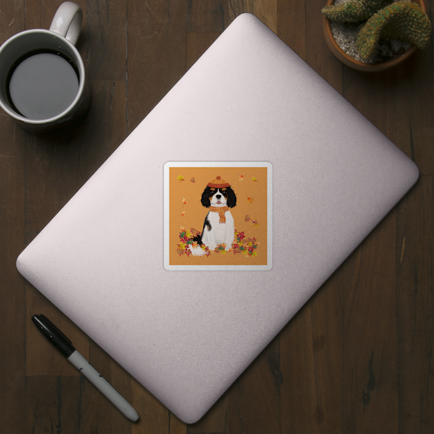 Tri Cavalier in Fall Leave, Tri Colored Cavalier King Charles Spaniel by Cavalier Gifts